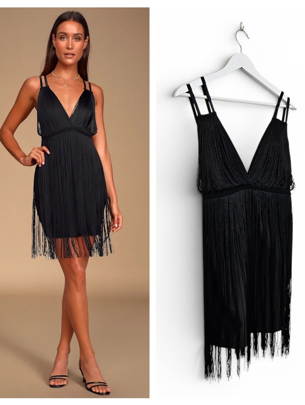 Whyte Valentyne Fringe Mini Dress 10 Bodycon Plunge V Neck Cocktail Black